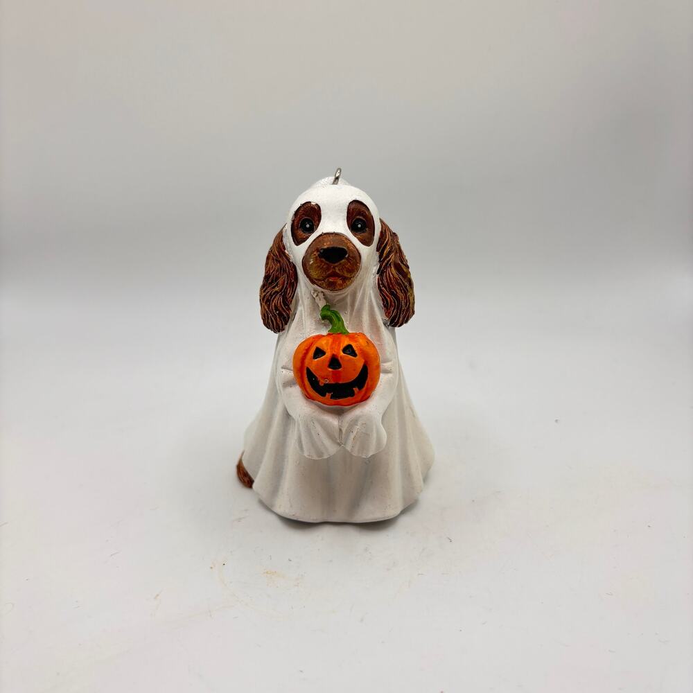 Cracker Barrel Resin Ghost Dog Ornament Reddish Brown Spaniel with Pumpkin